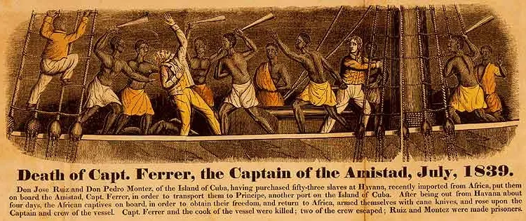 A 19th-century print of the revolt on board the Amistad, showing the death of its captain