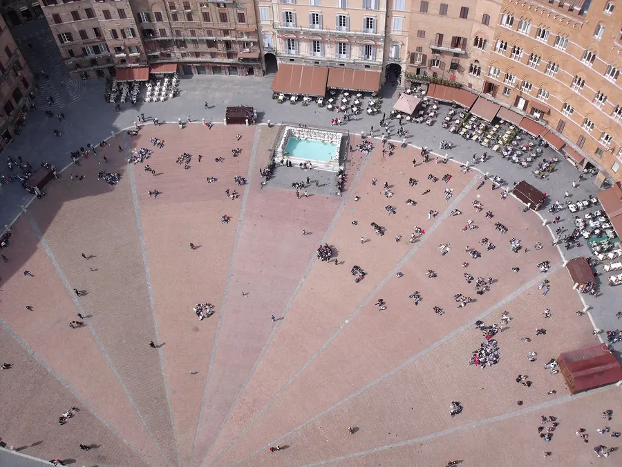 Siena's Piazza del Campo, where the Palio is run, seen from the Torre del Mangia