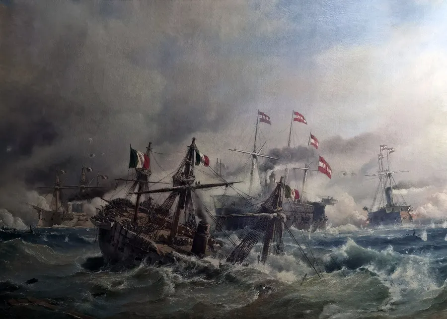 The Austrian flagship Erzherzog Ferdinand Max rams the Italian ironclad Re d'Italia at Lissa, painted by Carl Frederik Sørensen