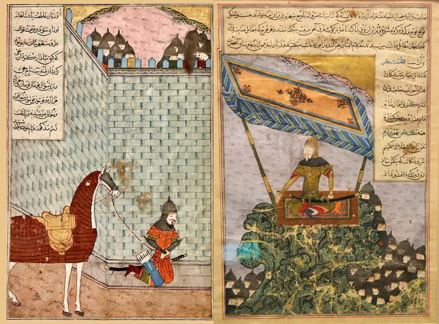 Timur reviews his troops on the plain of Sivas before the battle of Ankara, on two facing pages of a Zafarnama, the book of his victories, painted in 1436