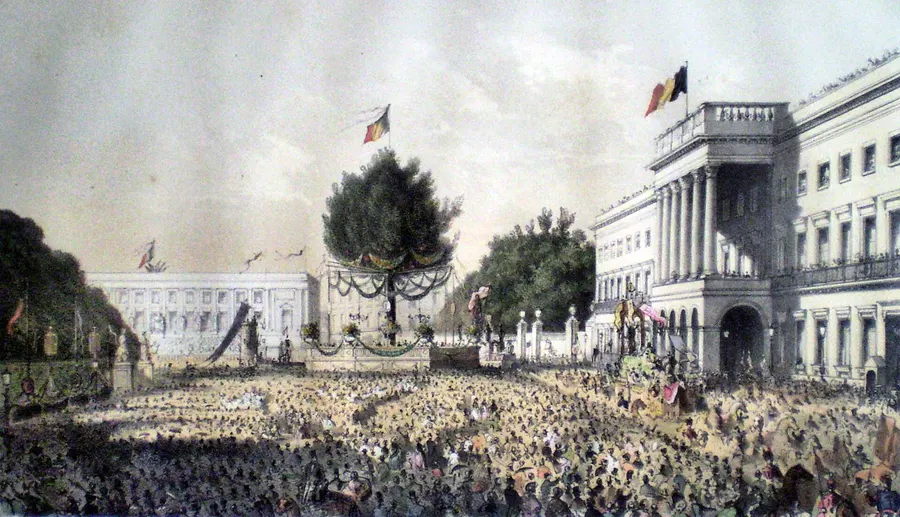 Crowds on the decorated Place des Palais in Brussels in July 1856, for the 25th anniversary of Leopold I's oath, in a coloured lithograph by Claessens