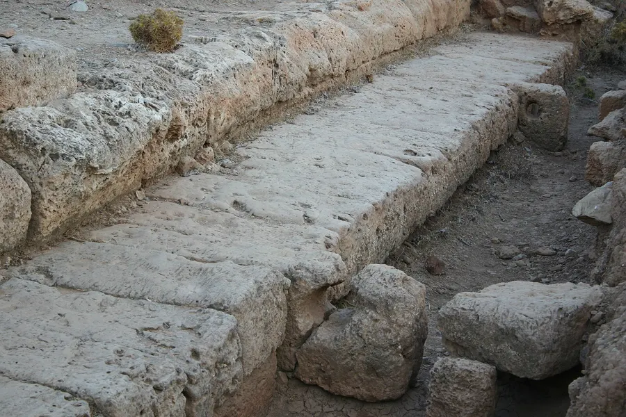 The ancient quay at Phalasarna in western Crete, left above sea level when the coast was uplifted