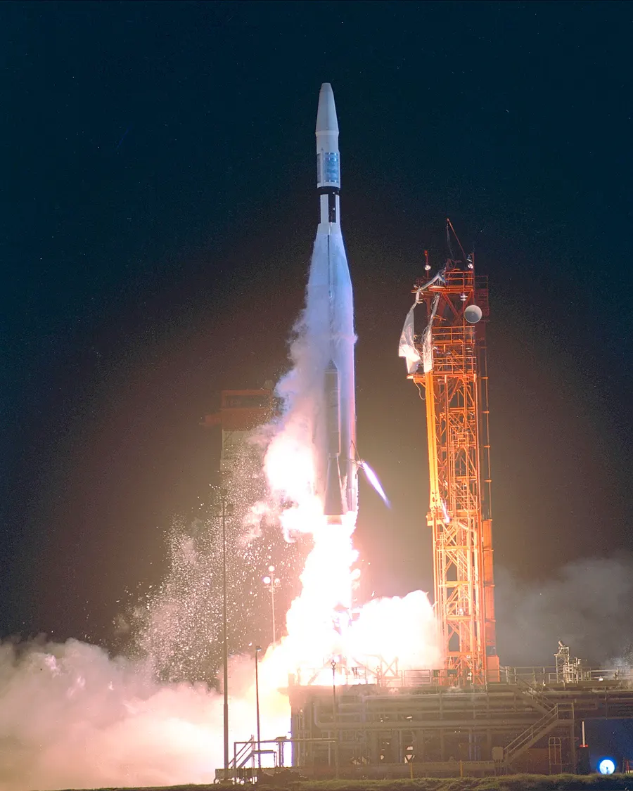 The Atlas-Agena rocket carrying Mariner 1 lifts off from Cape Canaveral on 22 July 1962