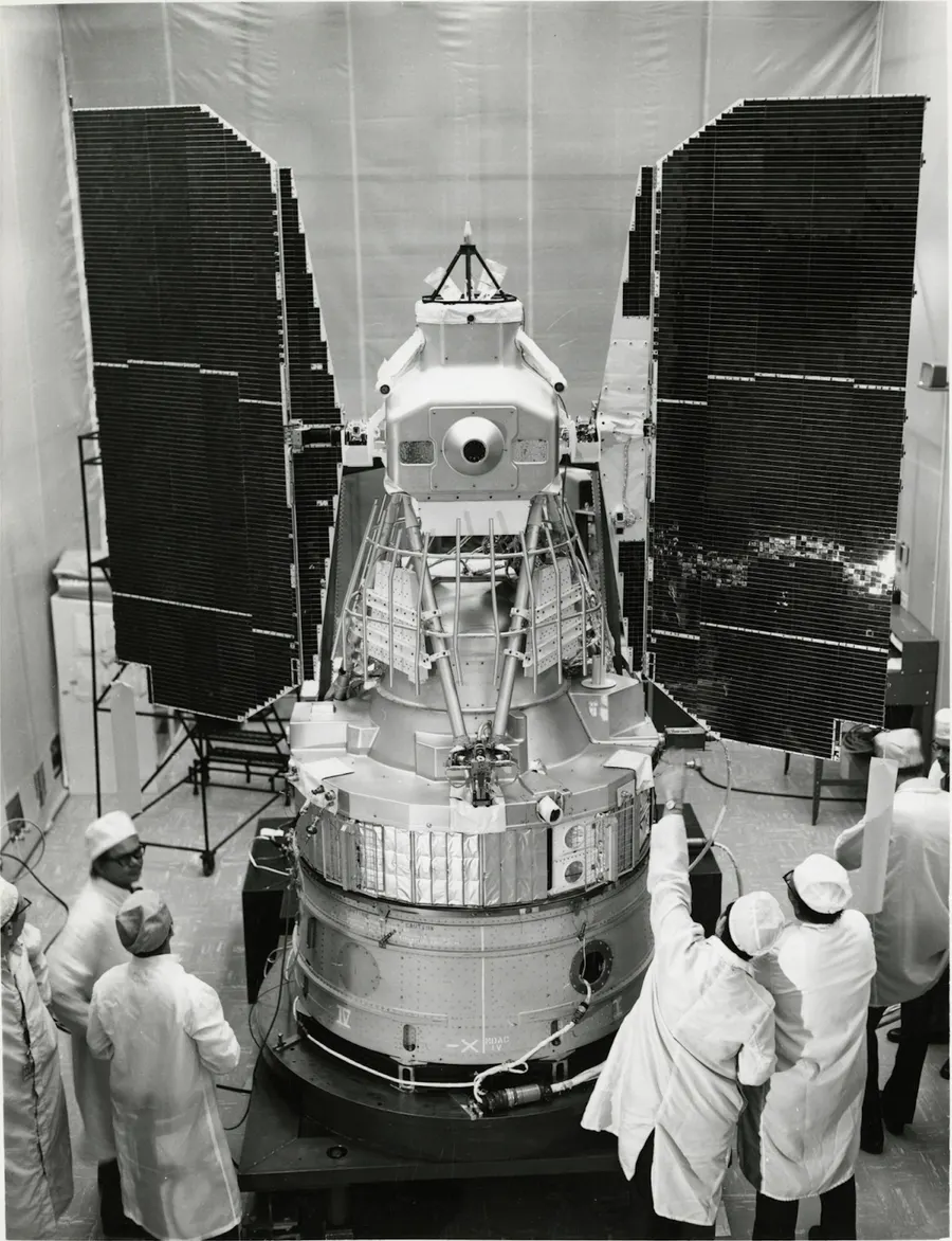 Landsat 1 with its solar panels spread, during testing at the General Electric plant at Valley Forge