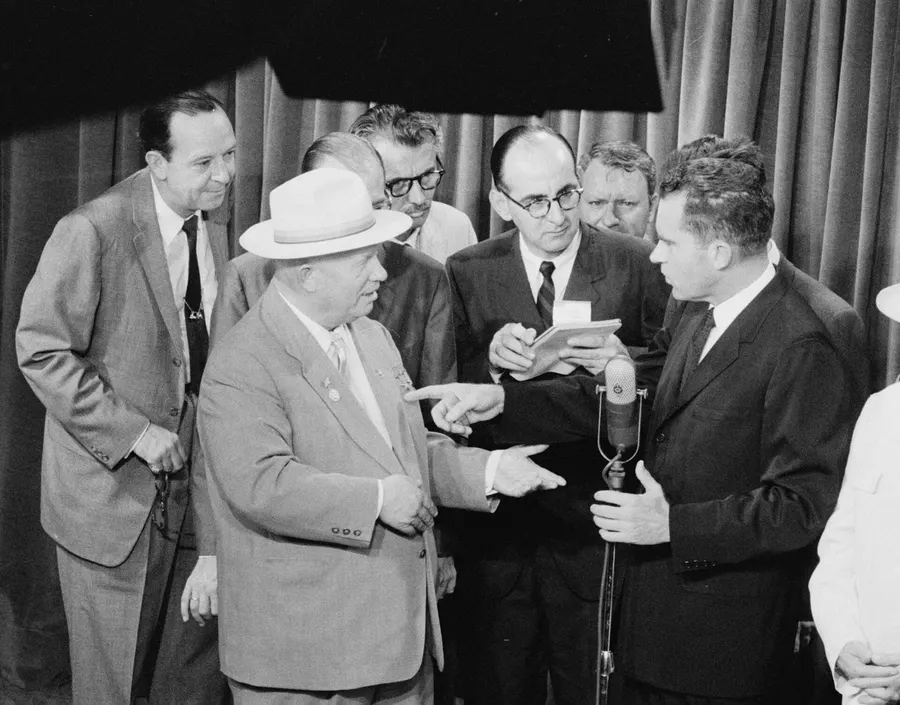 Nikita Khrushchev and Richard Nixon argue at the American National Exhibition in Moscow, July 1959