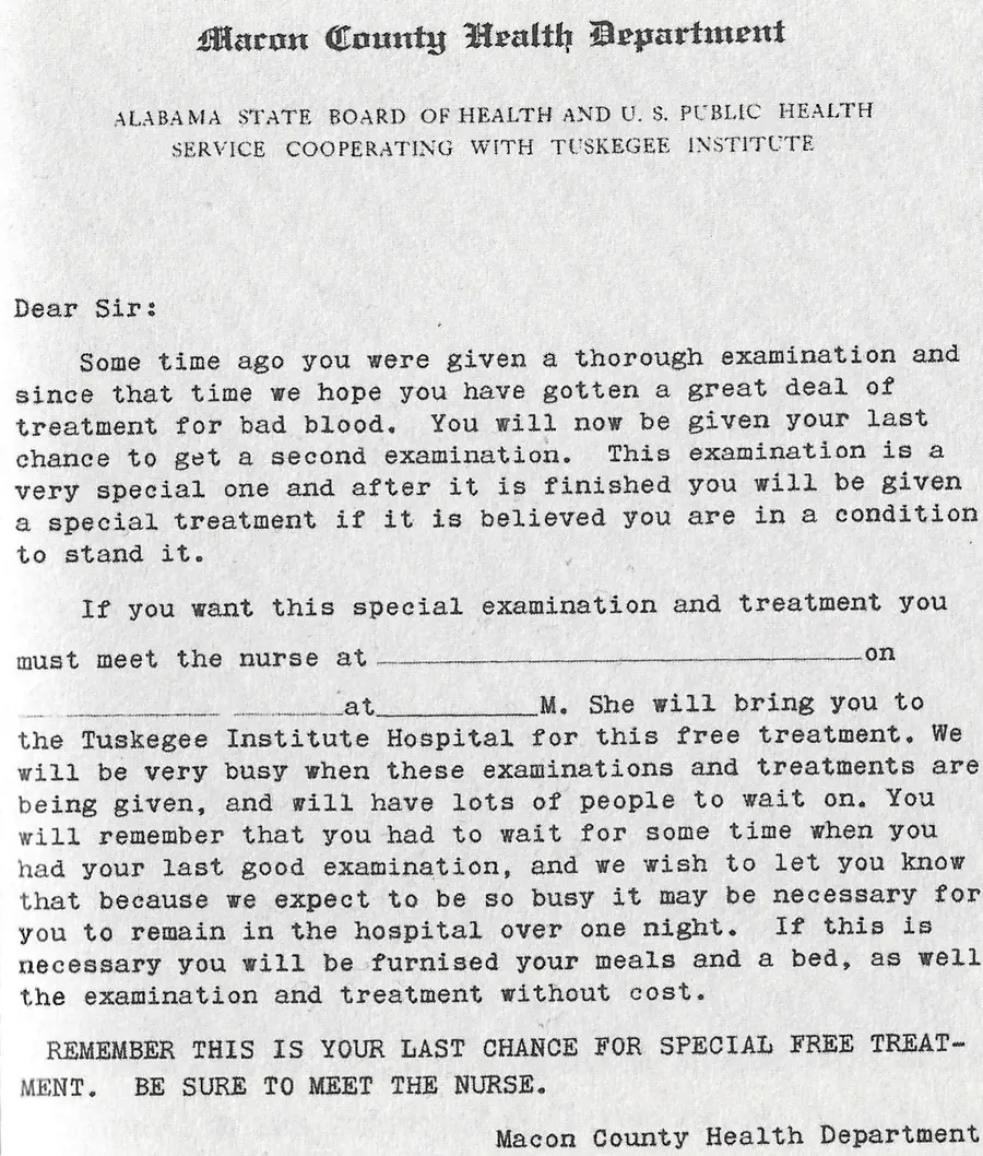 A letter from the Macon County Health Department inviting study participants to 'special treatment', in fact a diagnostic spinal tap