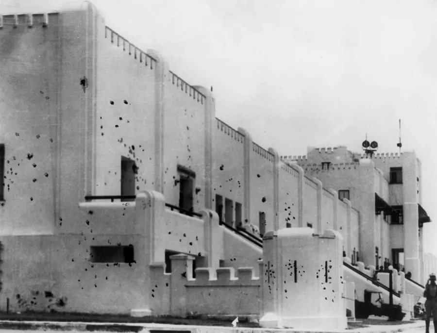 Bullet holes in the walls of the Moncada barracks in Santiago de Cuba after the attack of 1953