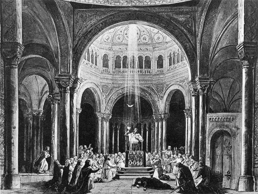 Paul von Joukowsky's stage design for the third act of Parsifal at the first production in Bayreuth, 1882