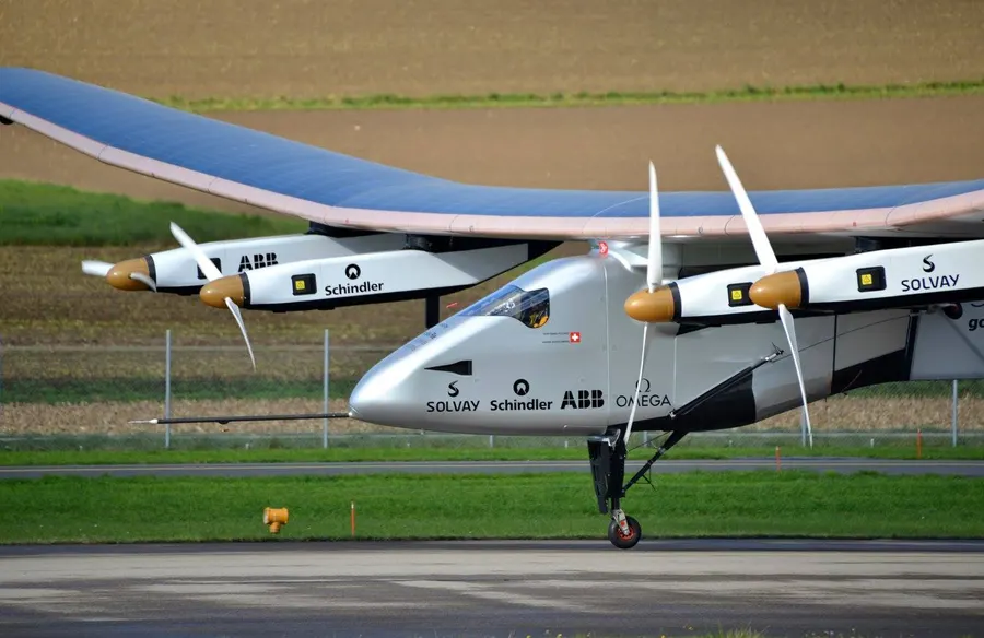 Solar Impulse 2, with Bertrand Piccard in the cockpit, on the runway at Payerne, Switzerland, in November 2014