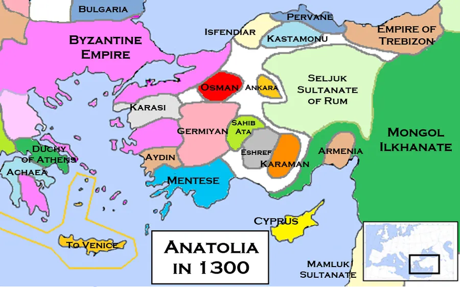 A modern map of the Turkish principalities of Anatolia around 1300, with Osman's lands in the north-west