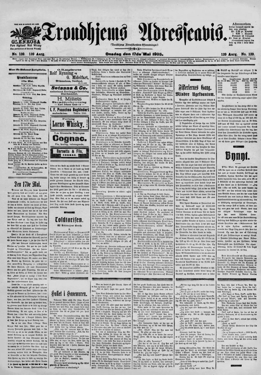The front page of the Trondheim paper, then called Trondhjems Adresseavis, on 17 May 1905