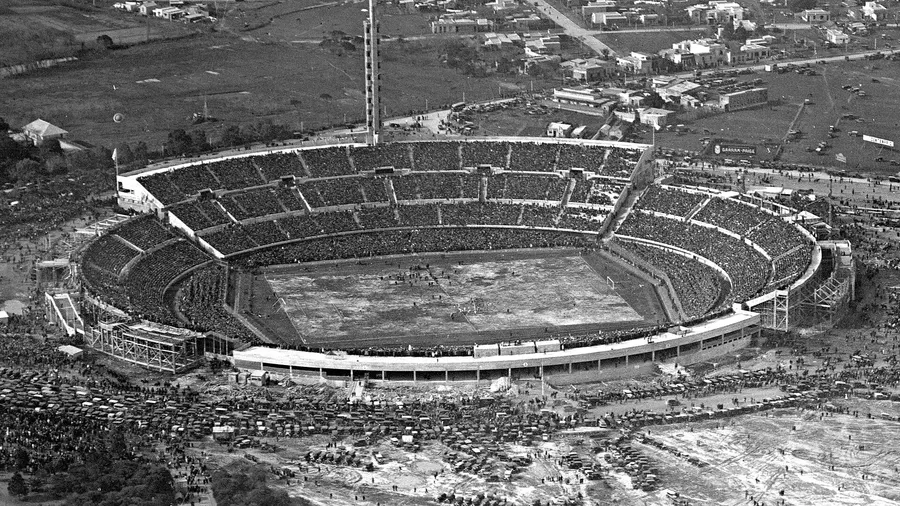 An aerial view of the packed Estadio Centenario in Montevideo during the first World Cup final