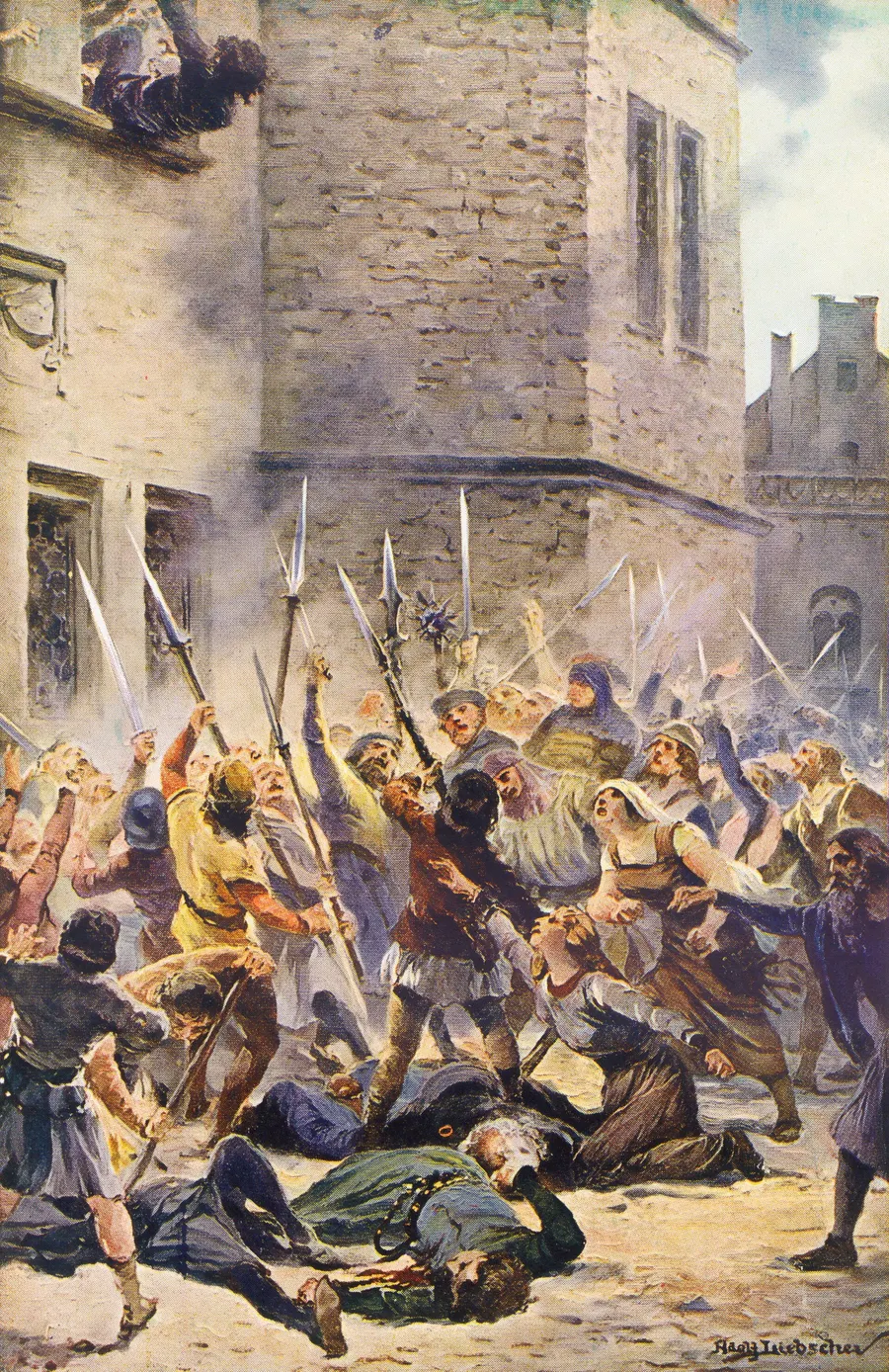 The First Defenestration of Prague, as painted by Adolf Liebscher for a 19th-century illustrated history of the Czech nation