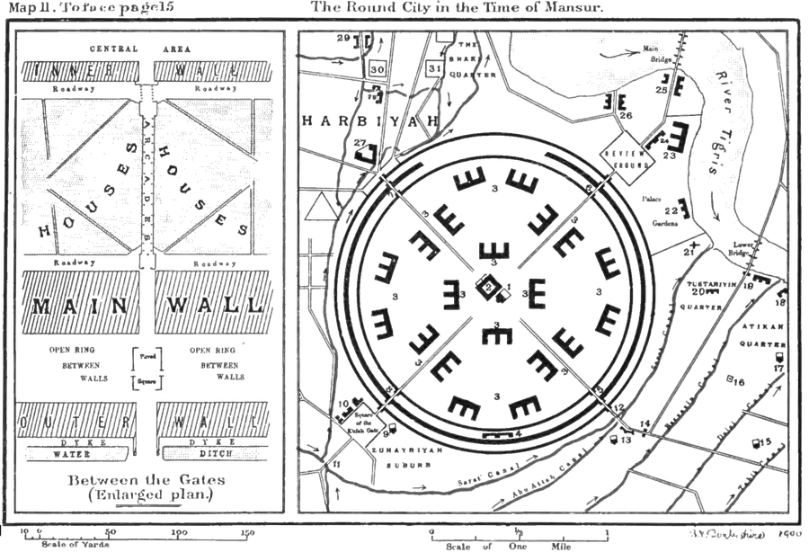 A plan of al-Mansur's Round City of Baghdad, from Guy Le Strange's study of the Abbasid city published in 1900