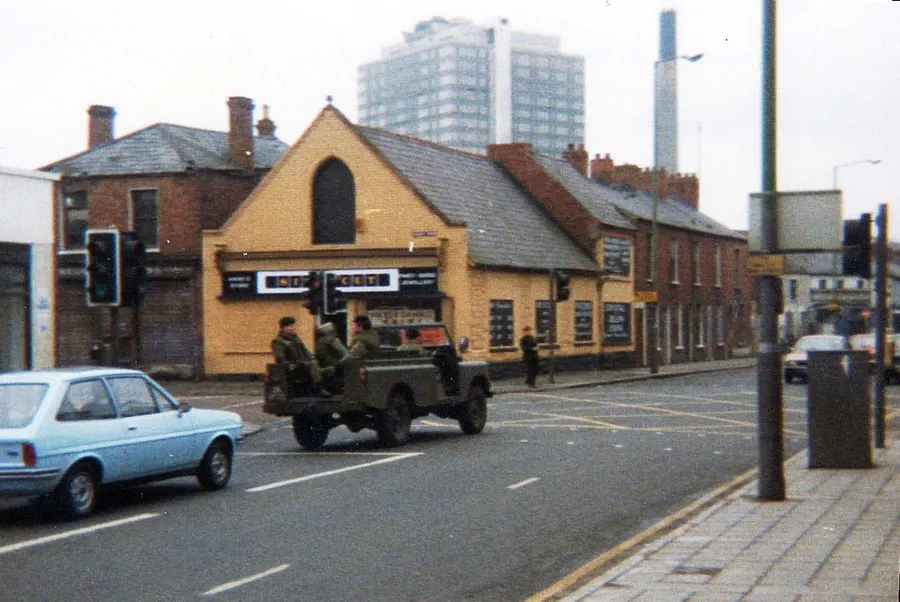 A British Army Land Rover on a street in south Belfast in 1981