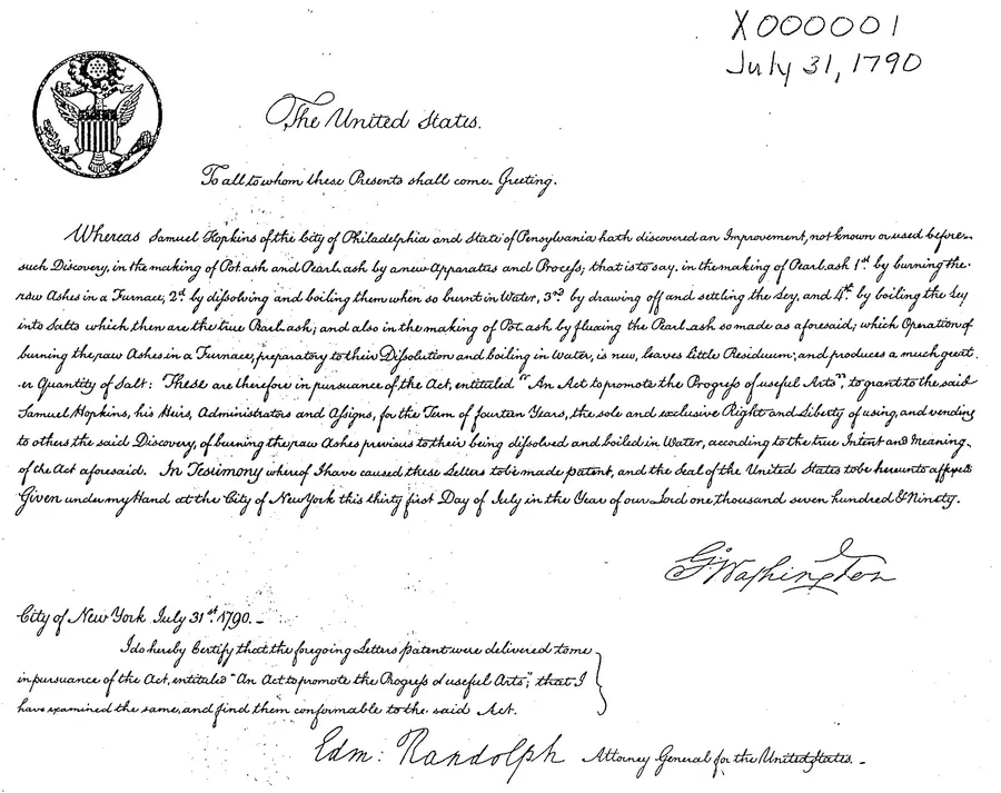 The first United States patent, granted to Samuel Hopkins on 31 July 1790 and signed by George Washington