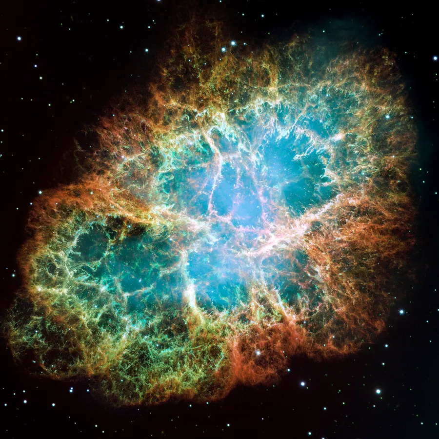 The Crab Nebula, the expanding remains of the star seen to explode in 1054, pictured by the Hubble Space Telescope