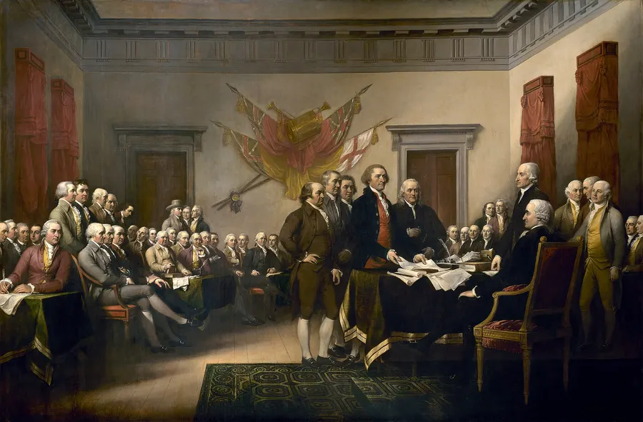 John Trumbull's painting in the US Capitol of the drafting committee handing its text to Congress, a scene set on 28 June 1776