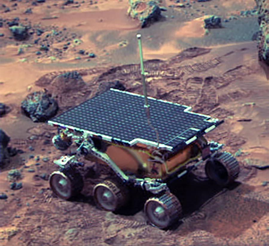 The Sojourner rover on the surface of Mars in 1997, photographed from the Pathfinder lander