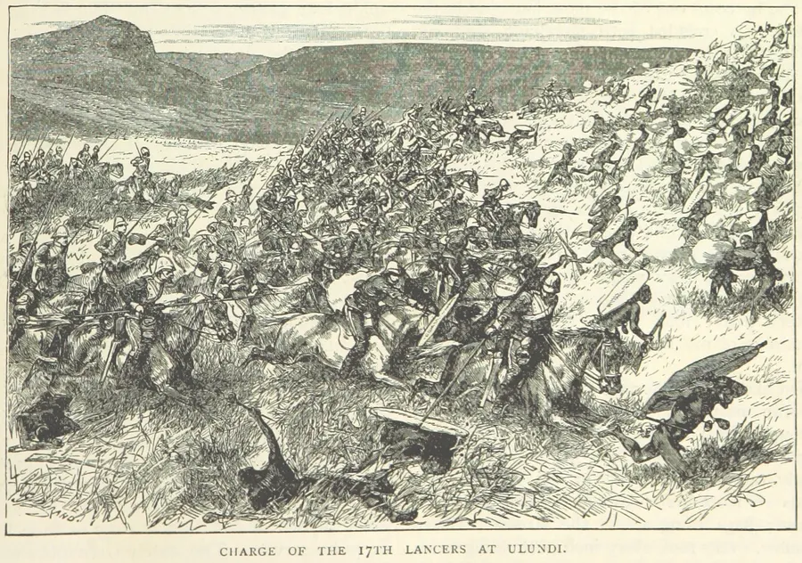 The charge of the 17th Lancers at Ulundi, an engraving from an illustrated Victorian history of the century's battles