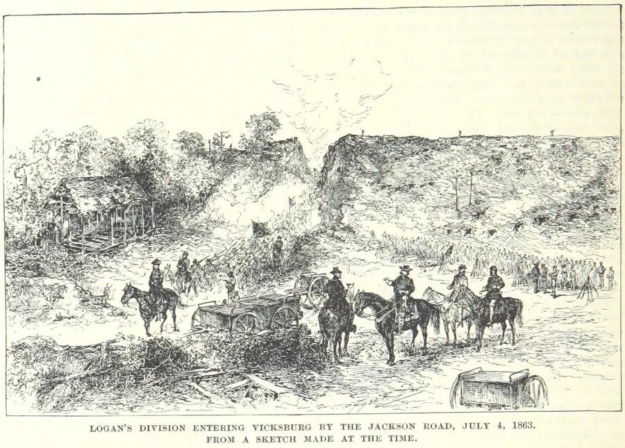 Union troops of Logan's Division entering Vicksburg by the Jackson road on 4 July 1863, from a sketch made at the time