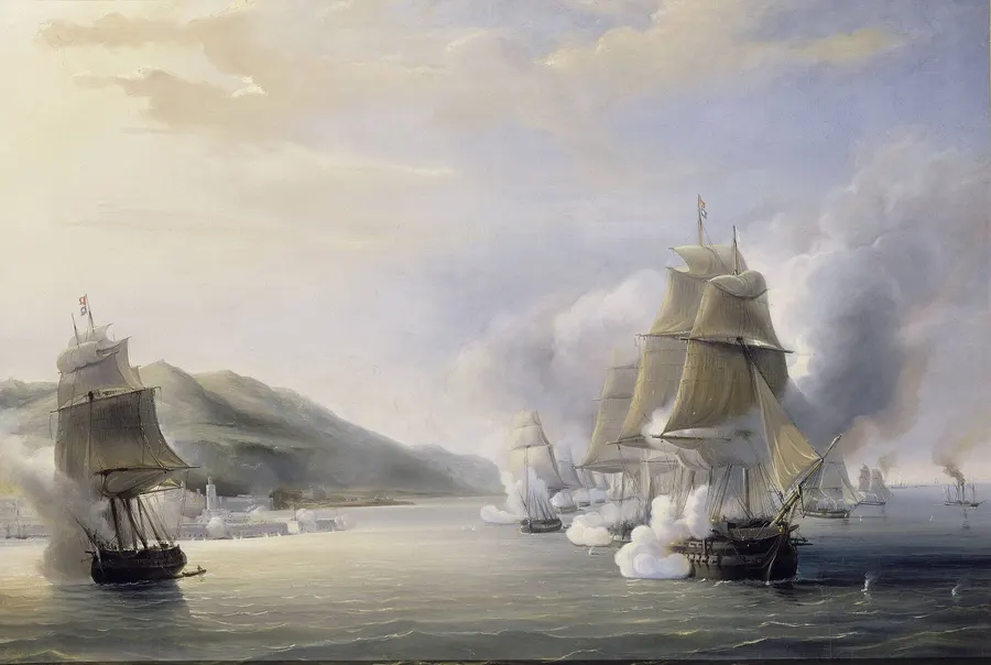 French warships bombarding the defences of Algiers in 1830, painted by Antoine Léon Morel-Fatio