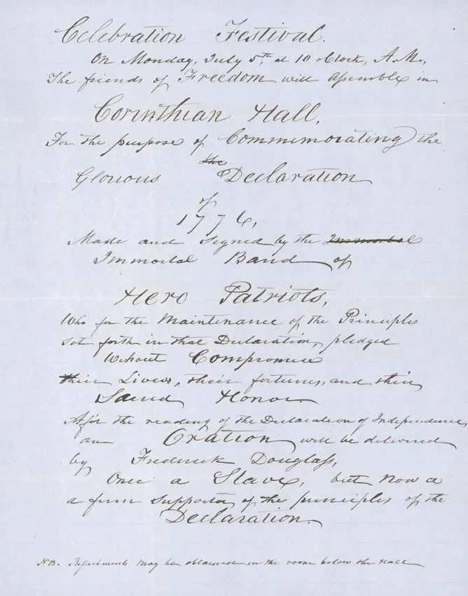 A handwritten notice for the meeting at Corinthian Hall on Monday 5 July 1852, promising an oration by Frederick Douglass, 'once a slave'