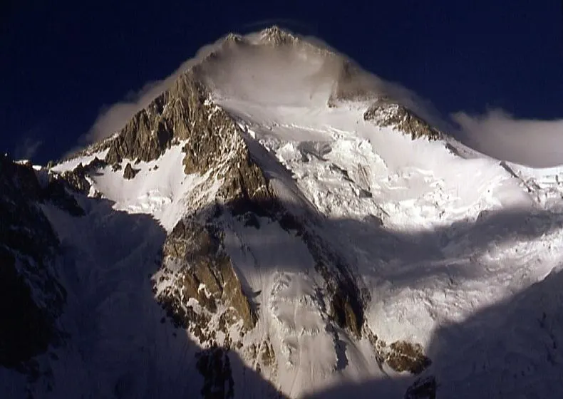 The snow-covered summit of Gasherbrum I, also known as Hidden Peak, in the Karakoram
