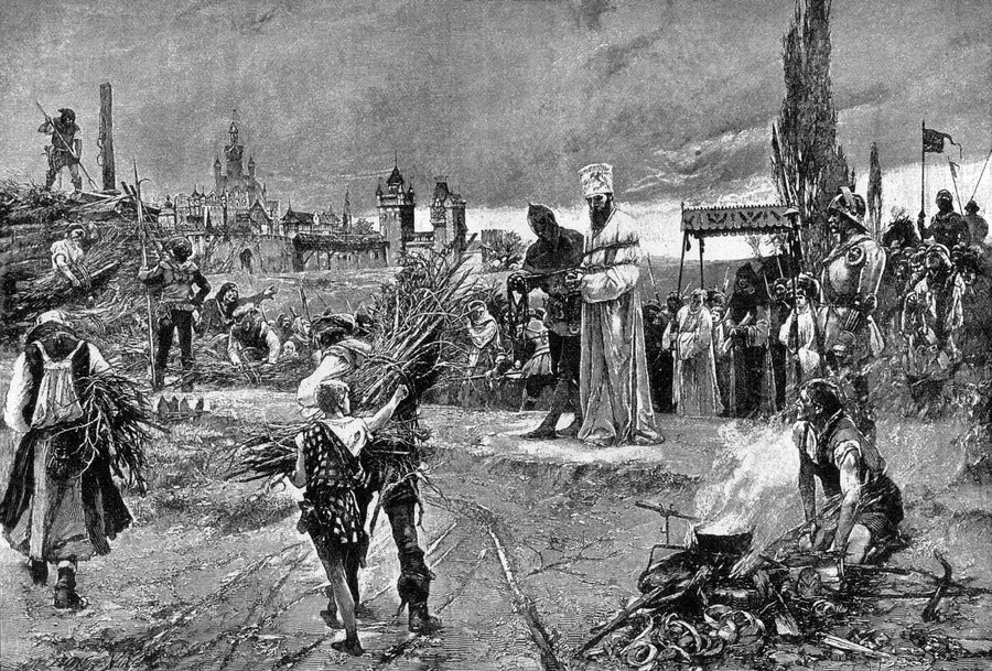 Jan Hus led to the stake at Constance, in an engraving after a painting by Carl Gustaf Hellqvist