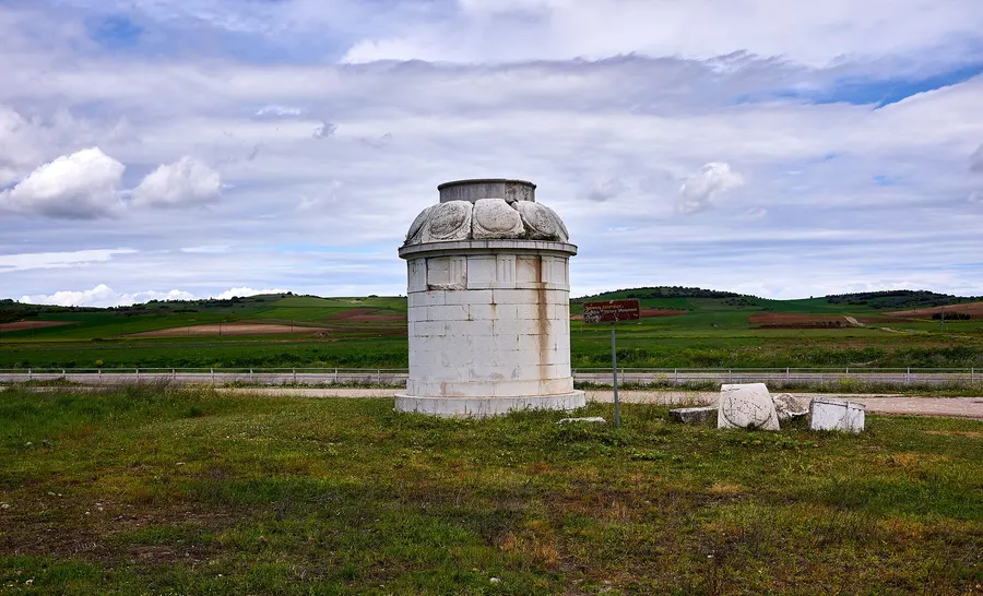 The restored Theban victory monument on the battlefield of Leuctra