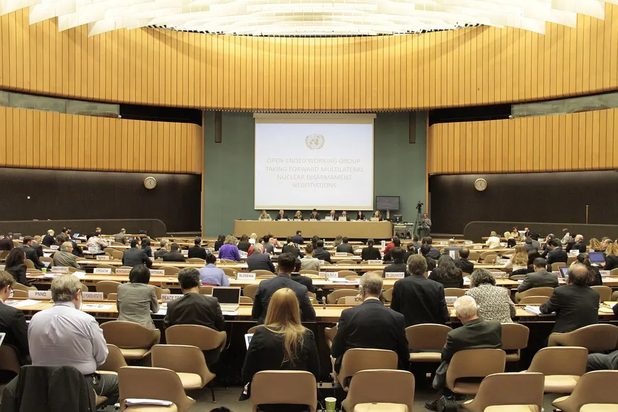 A UN working group on nuclear disarmament meeting in Geneva in May 2016, one of the steps that led to the treaty