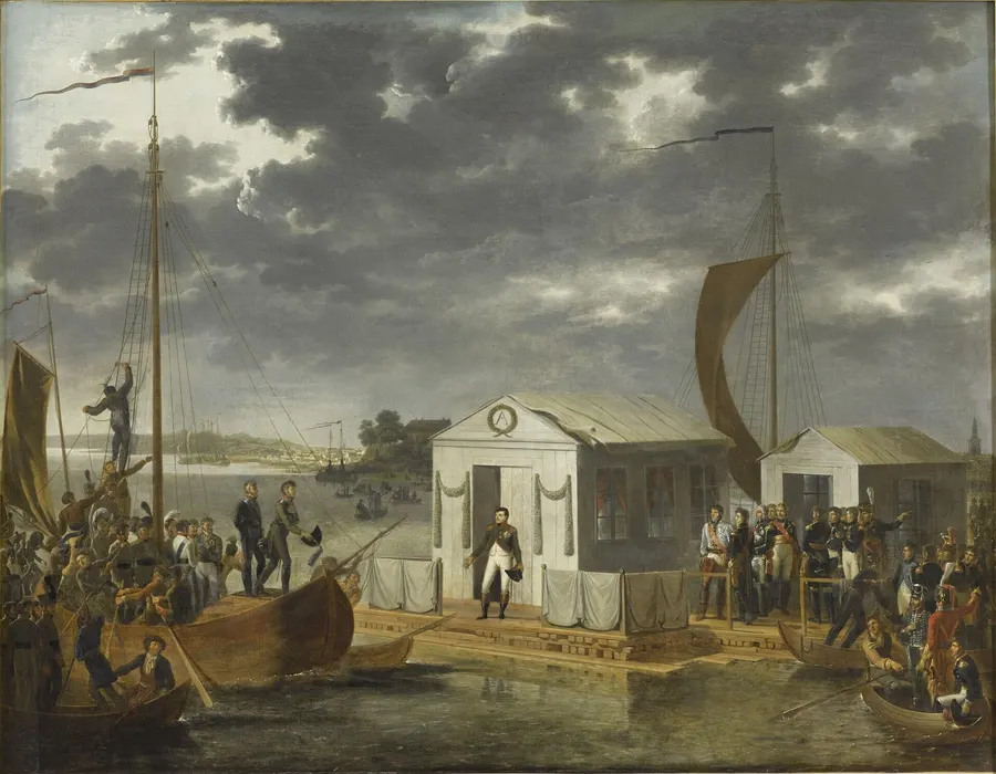 Napoleon arriving at the pavilion built on a raft in the River Niemen for his meeting with the tsar, painted by Adolphe Roehn