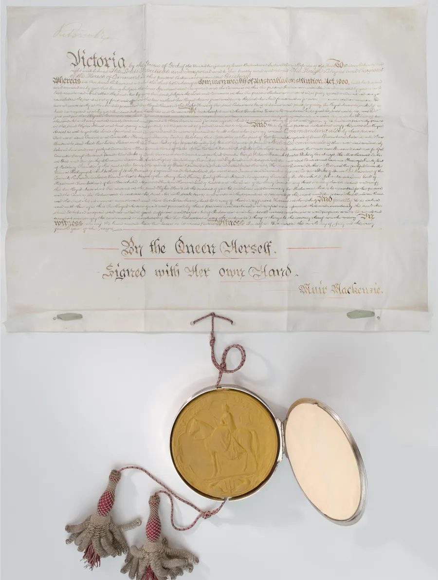 Queen Victoria's signed commission of assent to the Commonwealth of Australia Constitution Act, with its seal