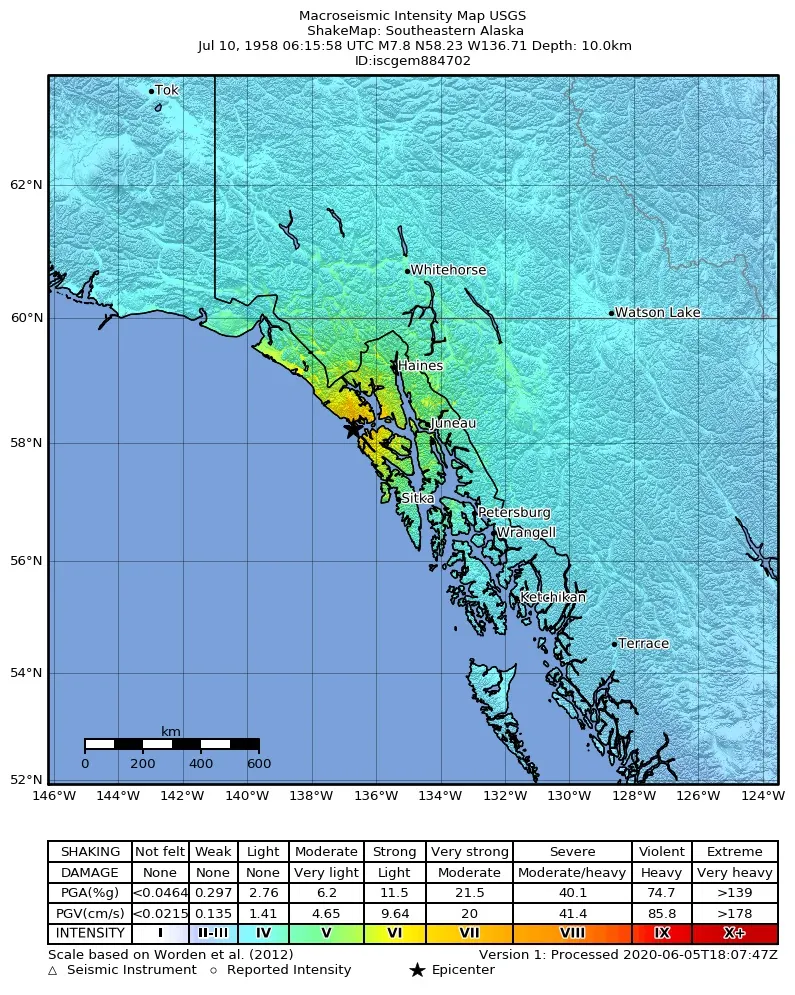 A US Geological Survey map of the shaking from the 1958 earthquake in south-east Alaska; the star marks the epicentre