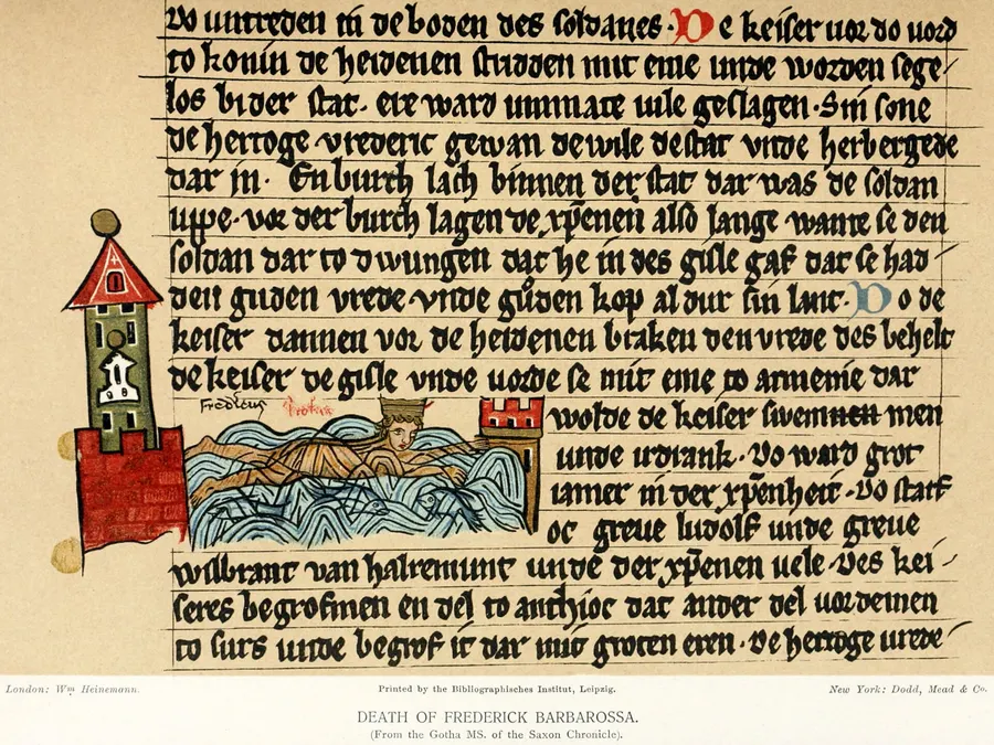 The death of Frederick Barbarossa in the river, from a medieval German chronicle, shown in a 19th-century facsimile