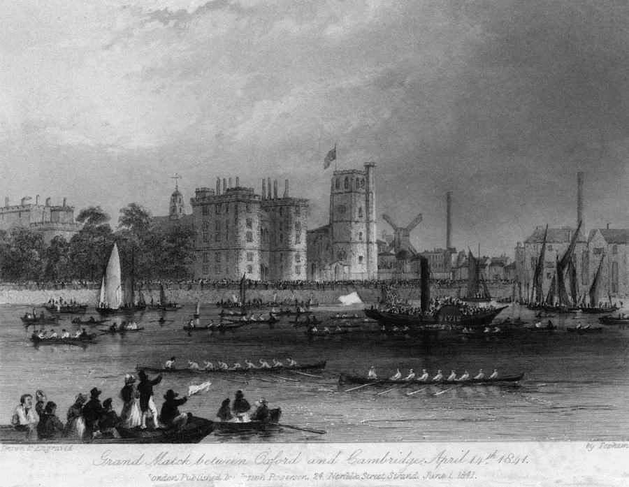 The Oxford and Cambridge crews racing on the Thames in 1841, an engraving after Francis William Topham