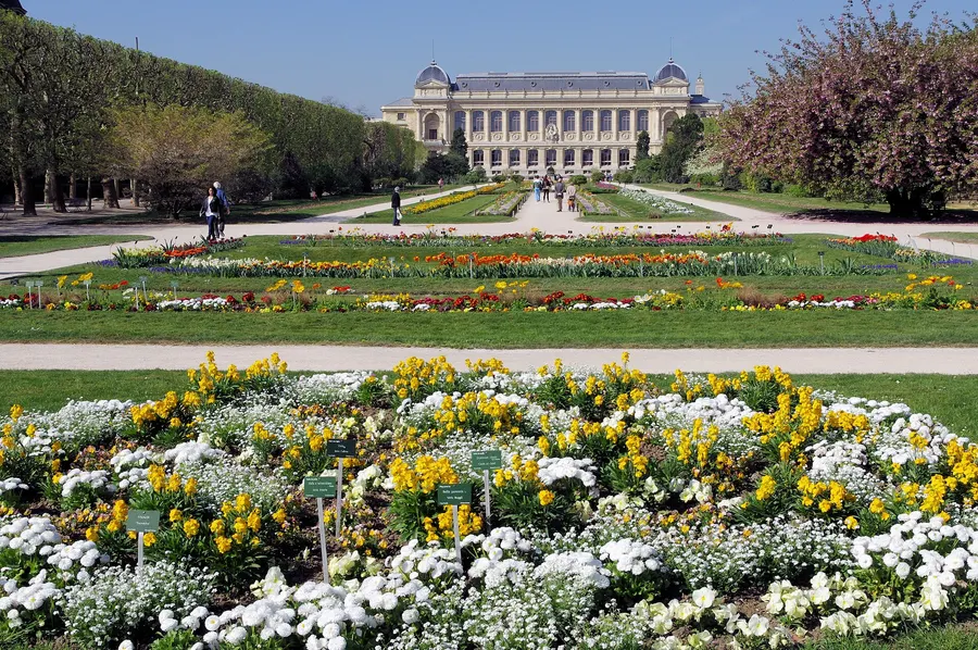 The Jardin des Plantes in Paris, with the museum's Grand Gallery of Evolution behind the flower beds