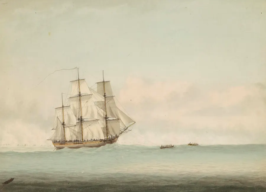 HMS Endeavour off the coast of New Holland, a watercolour by Samuel Atkins from about 1794