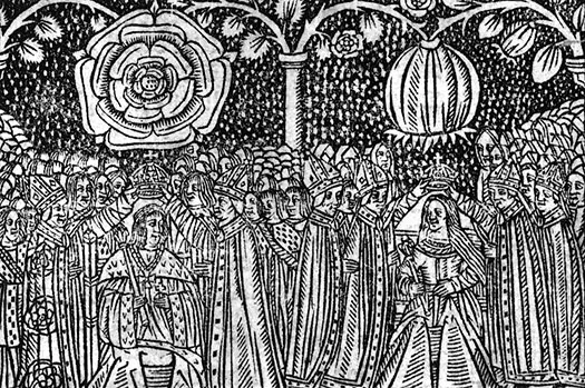 Henry VIII and Catherine of Aragon crowned side by side beneath the Tudor rose and Catherine's pomegranate, a woodcut of their coronation in 1509