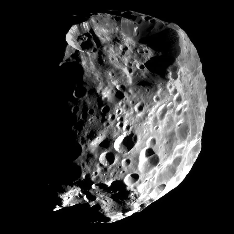 Saturn's moon Phoebe, photographed by the Cassini spacecraft during its close flyby in June 2004