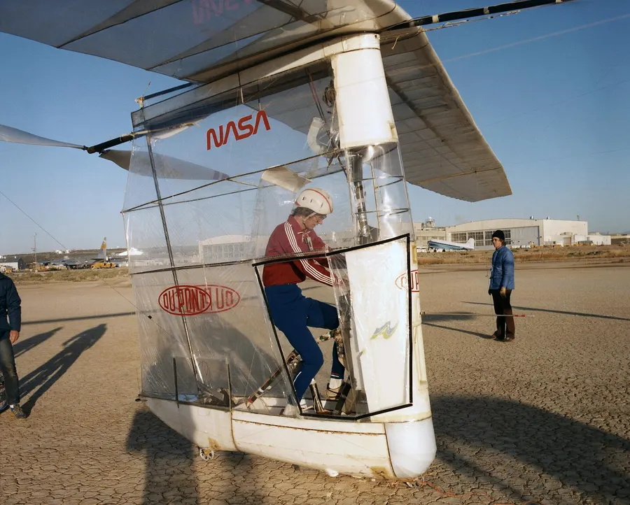 Gossamer Albatross II, the backup aircraft built alongside the Channel plane, being prepared for tests at NASA's Dryden centre in California in 1980