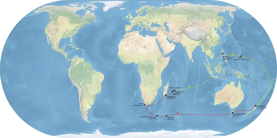 A modern map of the route of Marion du Fresne's ships Mascarin and Marquis de Castries, 1771 to 1773