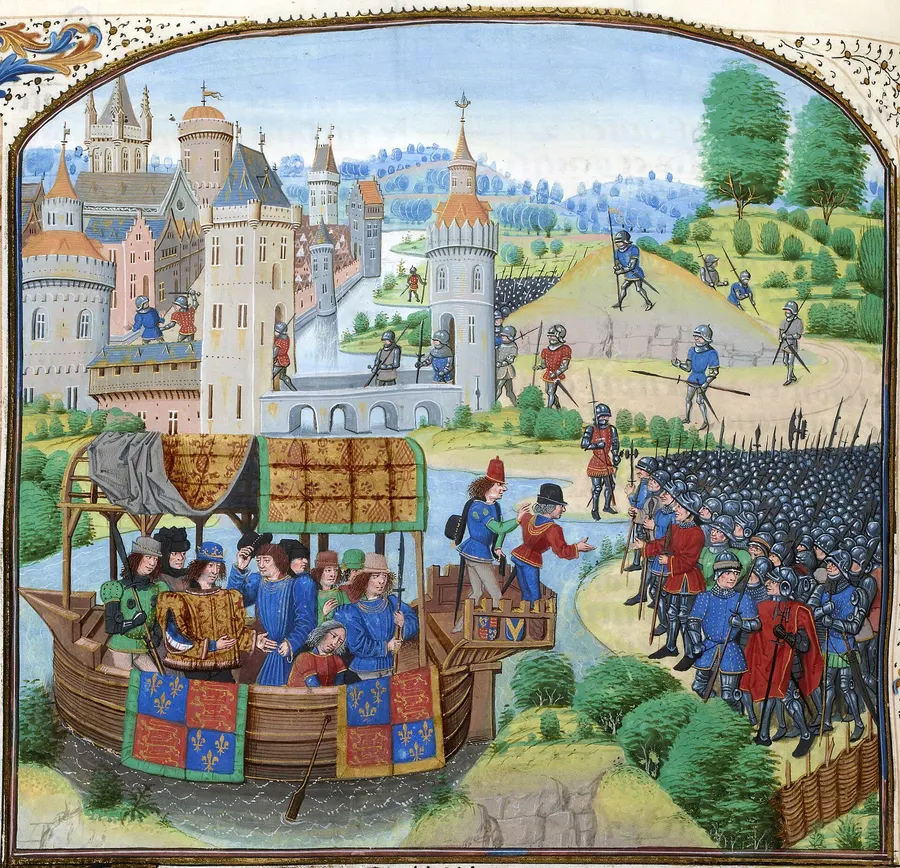 Richard II in his barge meeting the rebels of 1381, from a 15th-century manuscript of Froissart's Chronicles