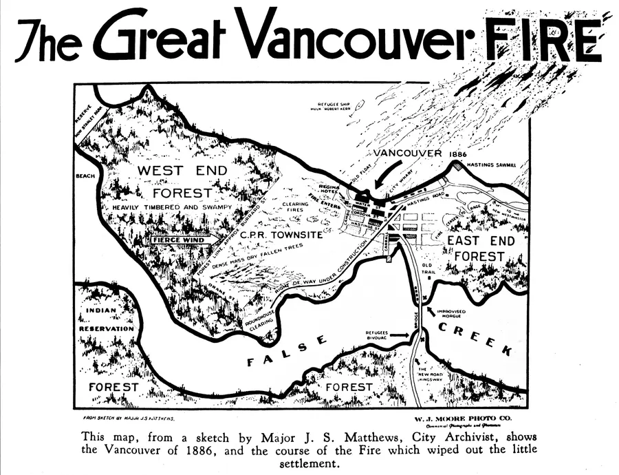A map of Vancouver in 1886 showing the course of the Great Fire, drawn from a sketch by the city archivist Major J. S. Matthews