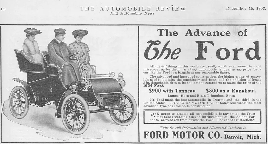 'The Advance of the Ford', an advertisement for the Ford Motor Company's first car in The Automobile Review, December 1903