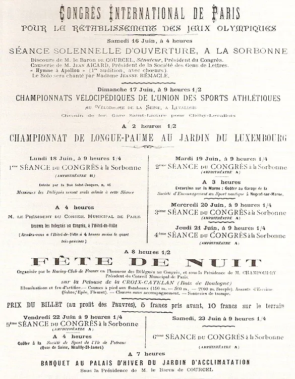 The printed programme of the 1894 International Congress of Paris for the re-establishment of the Olympic Games, opening at the Sorbonne