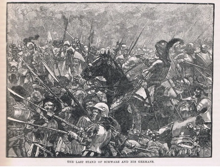 The last stand of Martin Schwarz and his German mercenaries at Stoke, an illustration by Henry Marriott Paget from around 1910