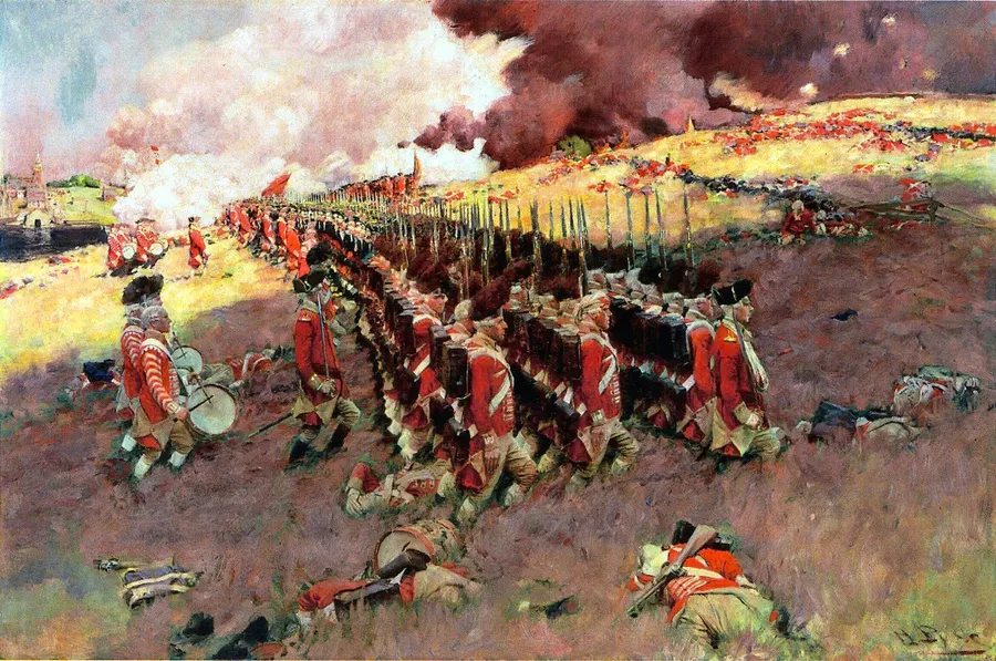 British troops advancing up the hill at Bunker Hill, a painting by Howard Pyle