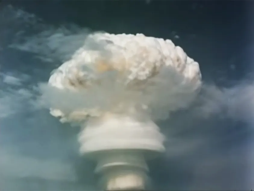 The mushroom cloud of China's sixth nuclear test, its first thermonuclear explosion, over Lop Nur in 1967