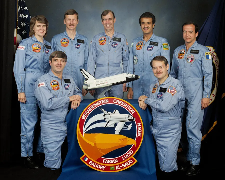 The seven-member crew of the STS-51G shuttle mission, among them Sultan bin Salman and Patrick Baudry